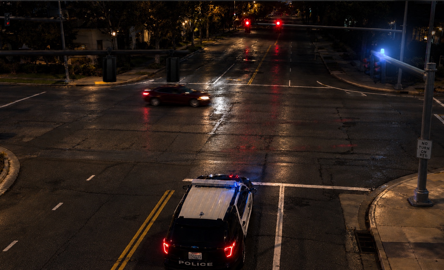 Night intersection with a blue MicroLED™ indicator on the right, red traffic signals, a moving vehicle crossing the wet roadway, and a police SUV in the foreground.