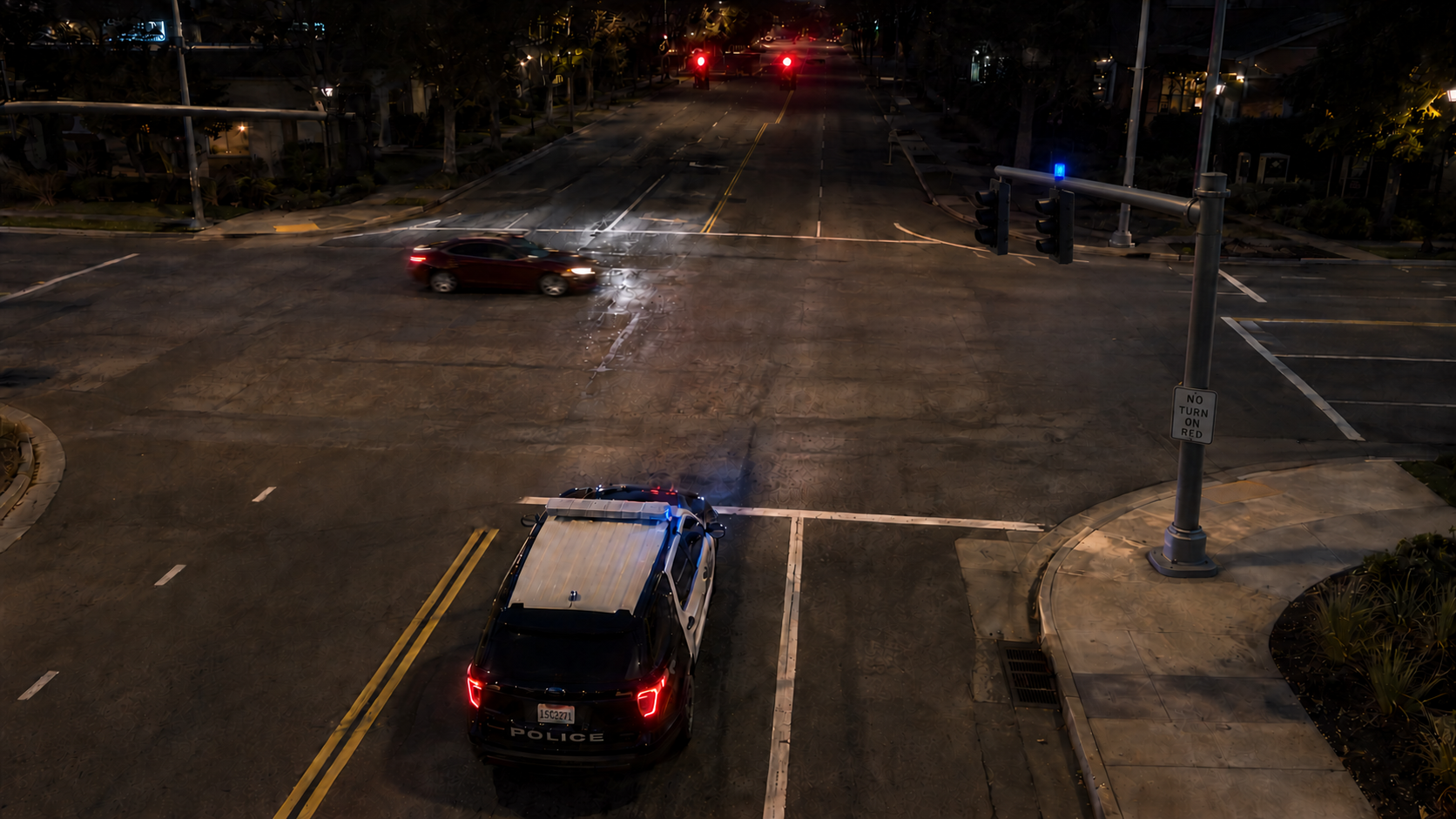Illustrative night view of a four-way intersection: both nearby signal heads face left together, so their red faces for cross traffic are hidden from the patrol officer, who sees the small blue TOMAR MicroLED indicator mounted atop the right signal head with a Sky Bracket mount.