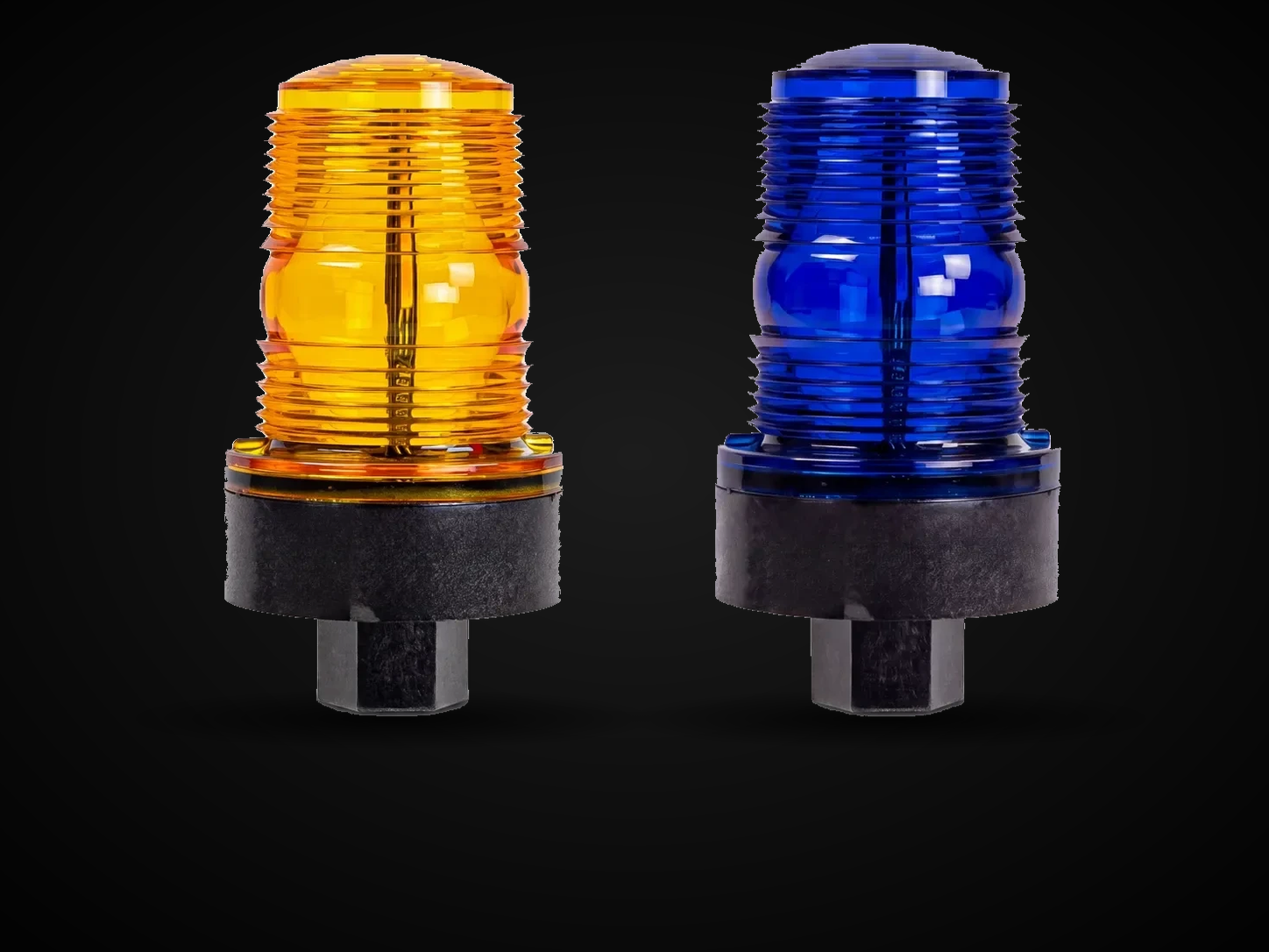 TOMAR Industrial MicroLED with an amber lens beside the TOMAR Enforcement Light with a deep-blue lens, both on the 1/2-inch female pipe (490) hex base