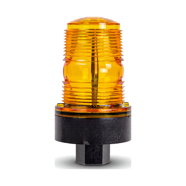TOMAR MicroLED beacon with an amber lens, photographed against a white background